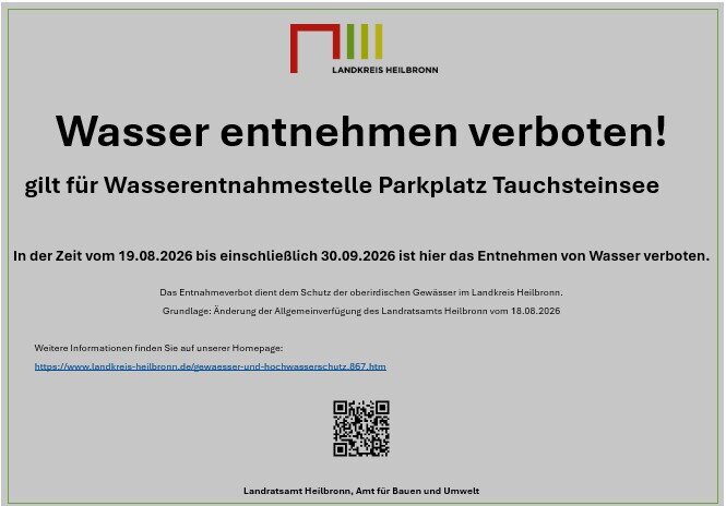 Wasser entnehmen verboten! Wasserentnahmestelle Parkplatz am Tauchsteinsee