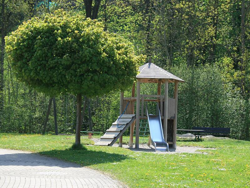 Ein kleiner Spielplatz mit einer Rutsche und einem Klettergerüst steht neben einem großen, dichten Baum auf einer Wiese.