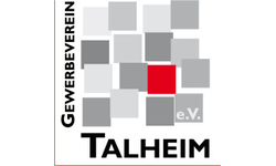Das Bild zeigt das Logo des Gewerbevereins Talheim mit einer Anordnung grauer und einem roten Quadrat sowie dem Text "e.V." und "Talheim".